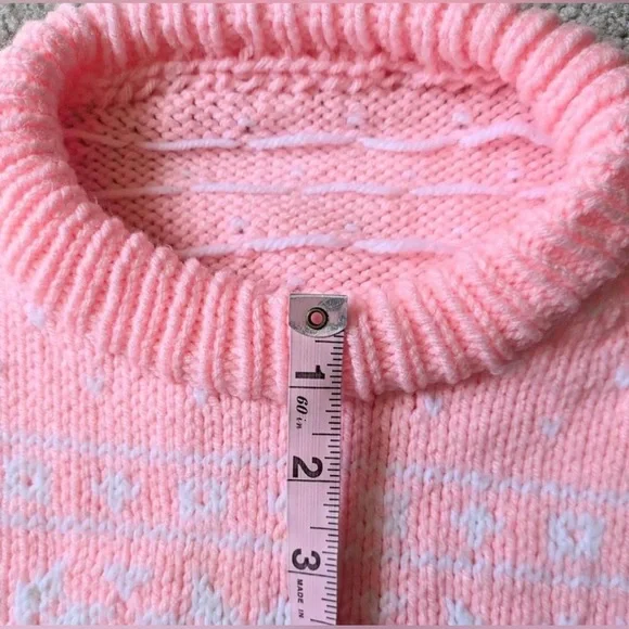 Vintage Handknit Barbie Pink White Fairisle Fall Winter Oversized Cozy Sweater - Picture 8 of 9